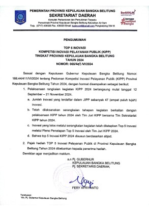 PENGUMUMAN TOP 5 KOMPETISI INOVASI PELAYANAN PUBLIK (KIPP) PEMERINTAH PROVINSI KEPULAUAN BANGKA BELITUNG TAHUN 2024